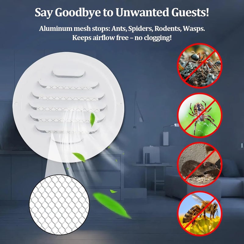 smrtcol 4" Round Soffit Vents White Stainless Steel Soffit Vents Wall/Ceiling Vent Cover with Mesh Screen for Bathroom, Dryer, & Attic（4 Pack) - Image 4